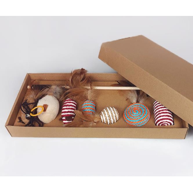 Pet wooden rod feather funny cat stick combination cat toy set box seven-piece mouse sisal ball funny cat artifact